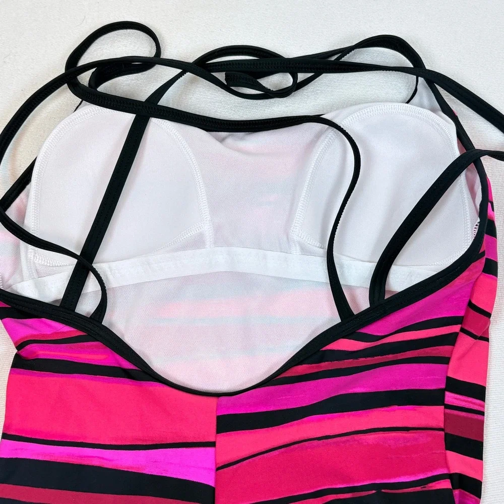 Speedo Women One Piece Swimsuit Hot Pink Magenta Striped Double Strap  Sz 8 $88